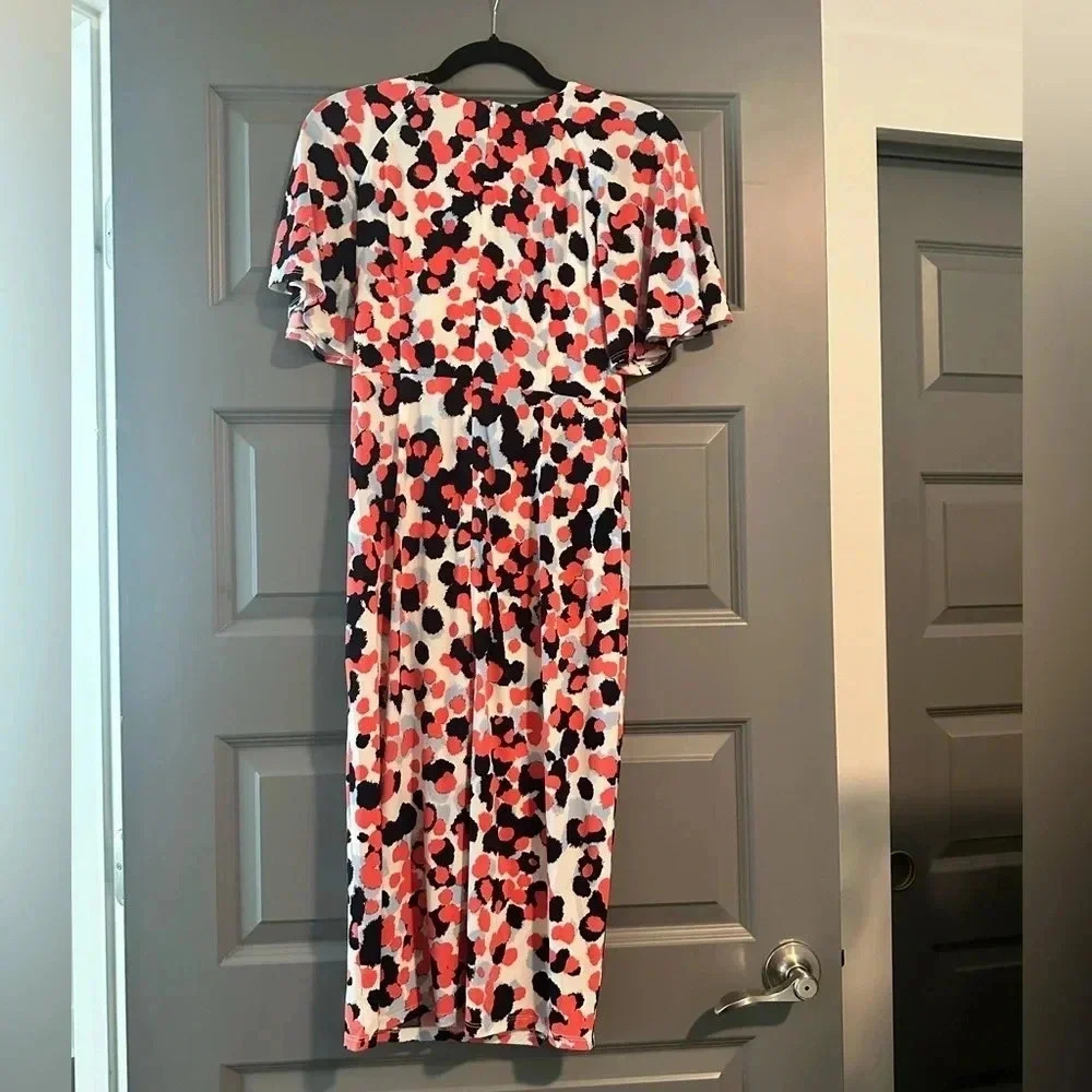 MAGGY LONDON Coral Floral Printed Flutter Sleeve Faux Wrap Dress Sz 0 - Picture 3 of 5